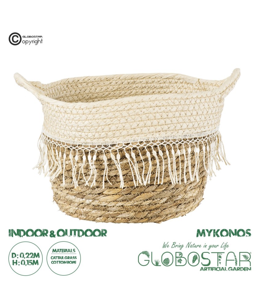 GloboStar® Artificial Garden MYKONOS 20279 Διακοσμητικό Πλεκτό Καλάθι - Κασπώ Γλάστρα - Flower Pot Μπεζ με Μακραμέ Φ22cm x Υ15cm